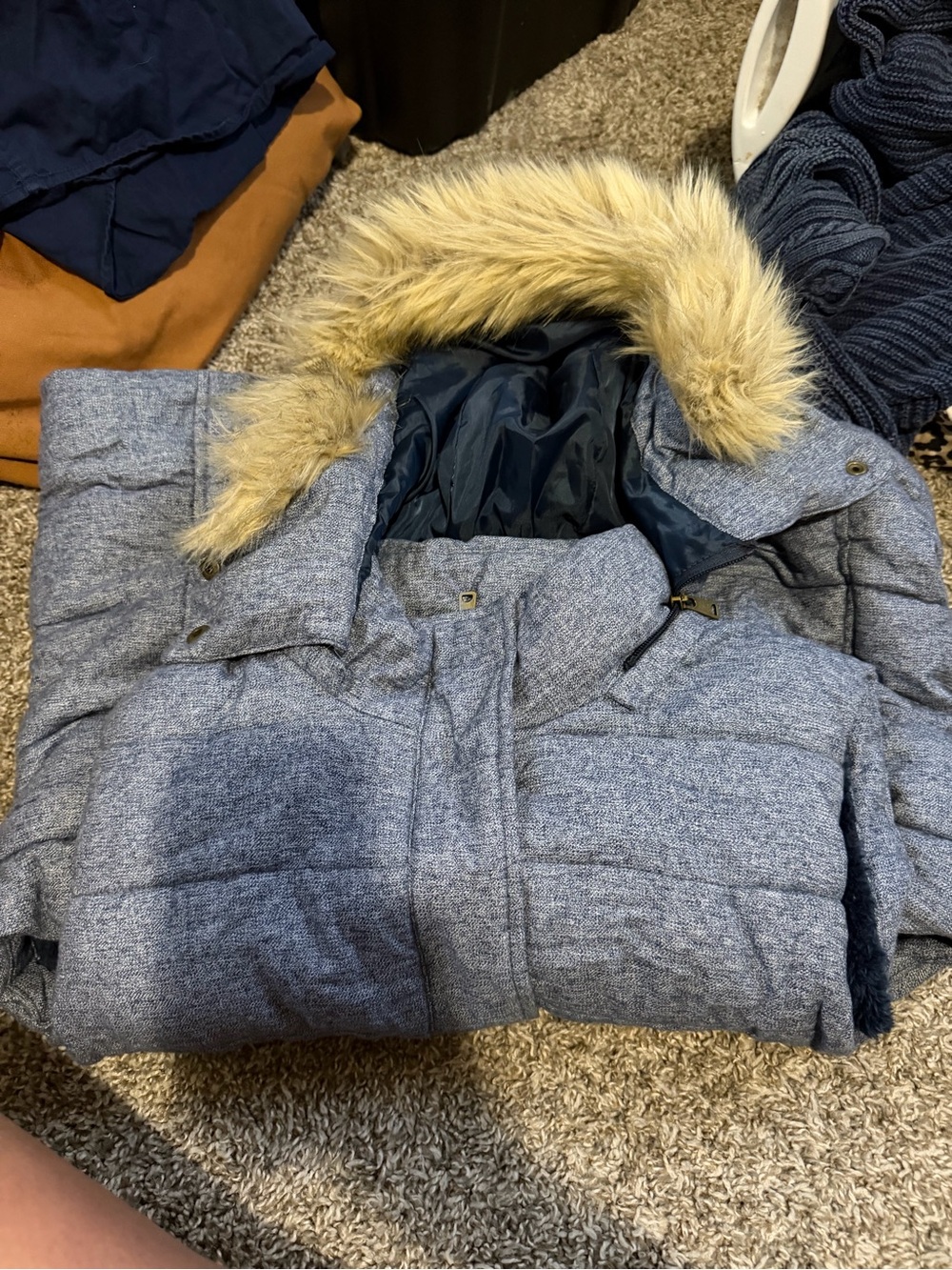 GAP Heathered Light Blue Puffer Coat with Faux Fur Trim